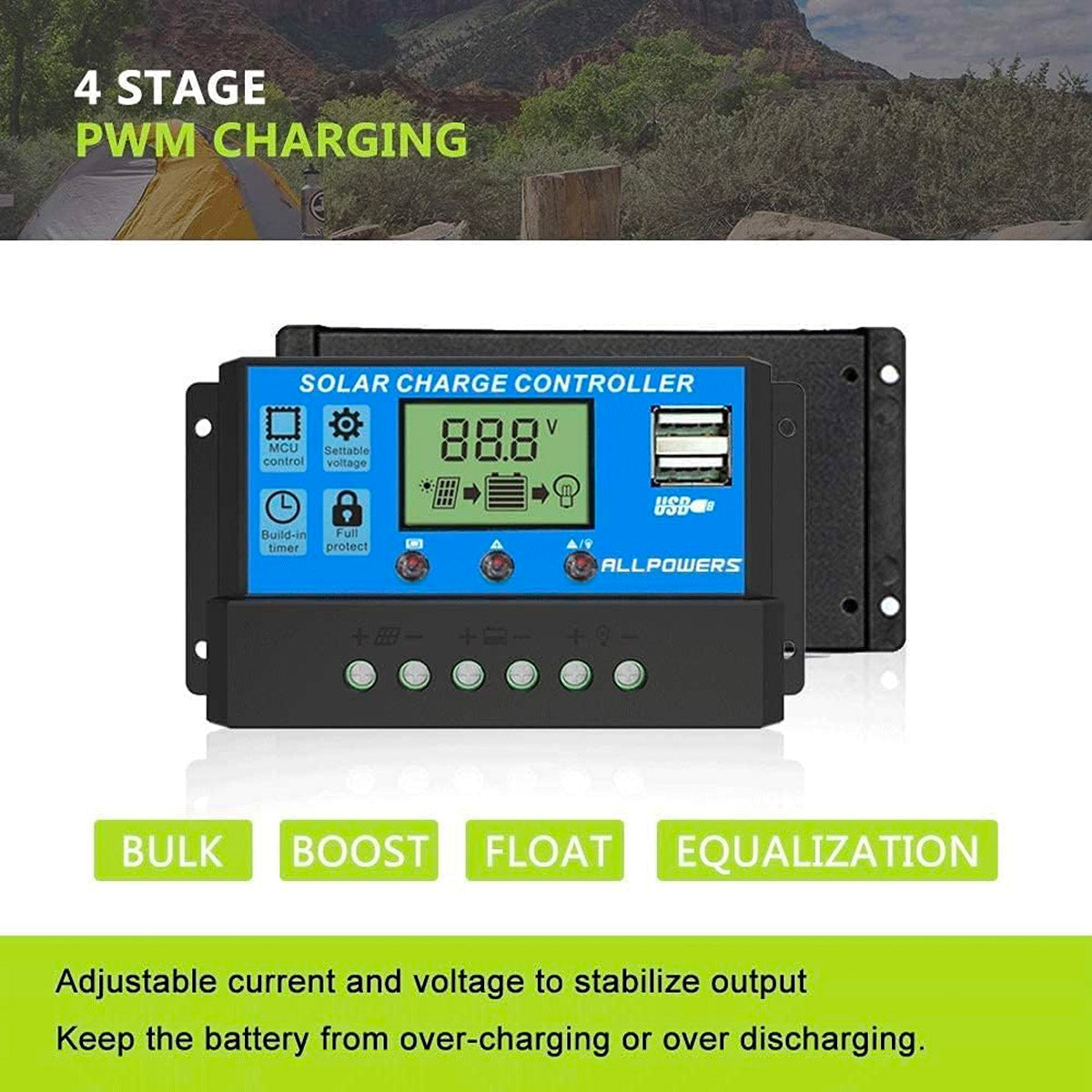 ALLPOWERS 20A Solar Ladegerät 12V/24V für Solarpanel mit 5V Doppel-USB-Anschluss